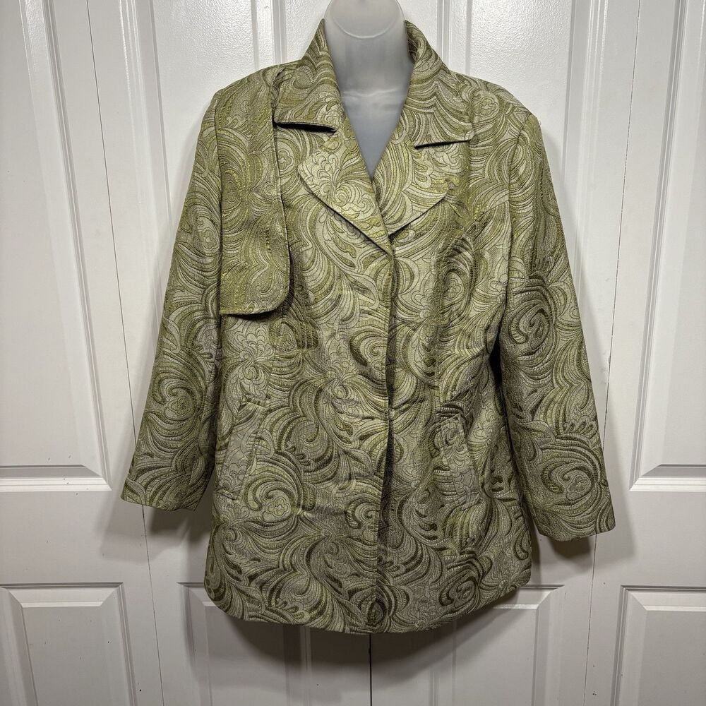 Paula Hian Jacket Womens S Green Floral Brocade Asymmetrical Vintage Statement